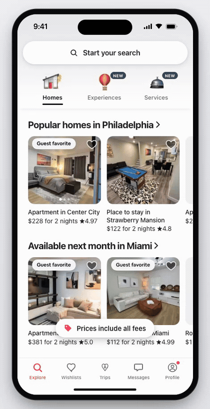 Airbnb iOS app — live interaction of the generated HTML replica