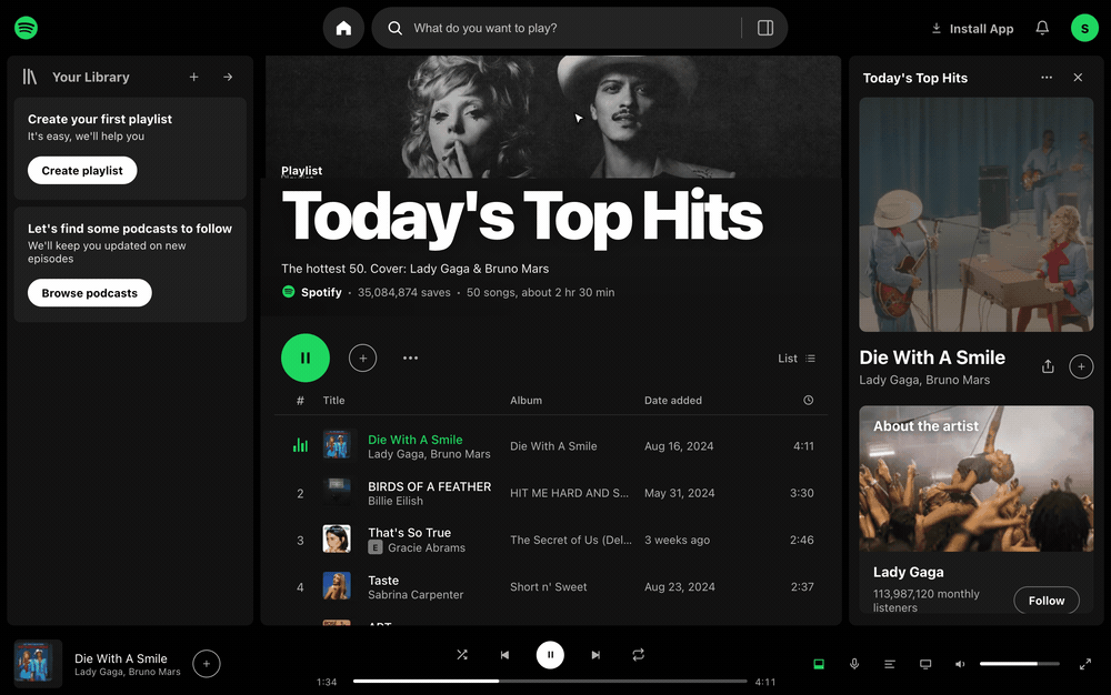 Spotify web player — live interaction of the generated HTML replica